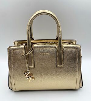 Michael Kors Laila Small Satchel Top Handle Metallic Pale Gold Zip Detach Strap